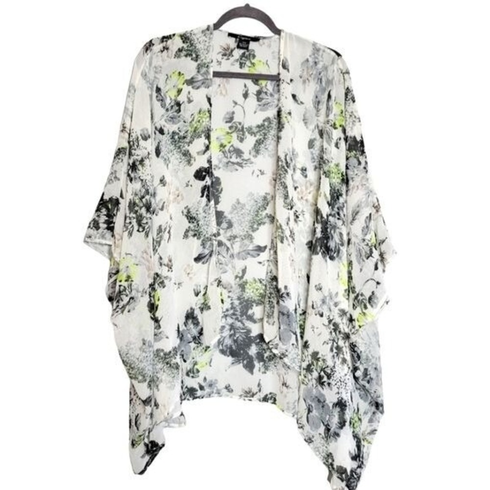 Cejon Watercolor Floral Sheer‎ Kimono Cover Up White One Size